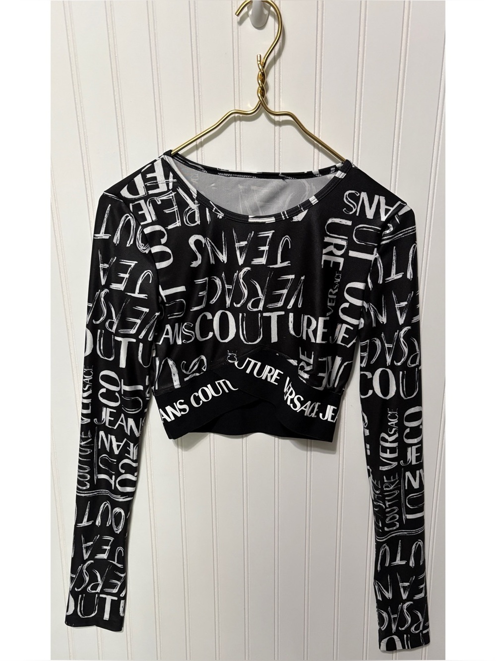 VERSACE JEANS COUTURE Black White Sketch Logo Crop Top Shirt Womens US Size 6